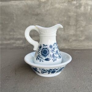 Vintage Avon Milk Glass Pitcher and Basin with Blue Floral Pattern
